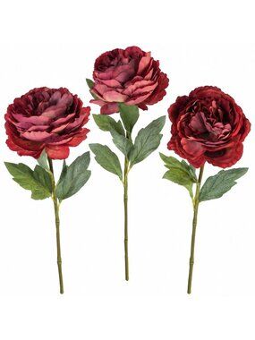 Pink Rose Burgundy Artificial Peony Stems Set of 3, 11 Inch Floral Decor
